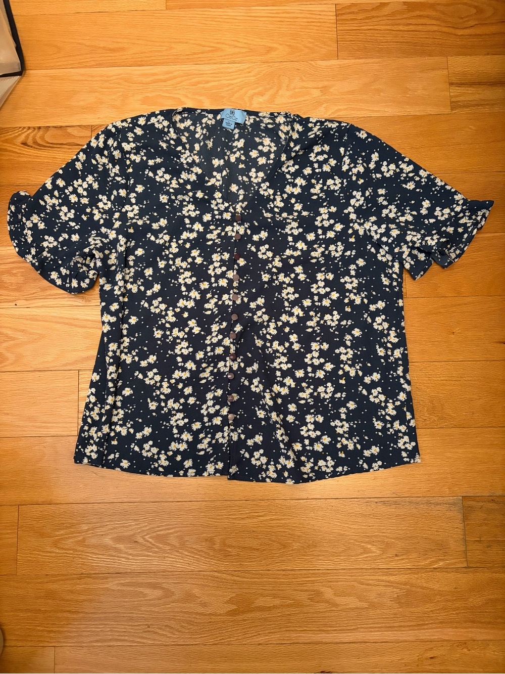 CeCe Navy Floral Button-Down Short Sleeve Blouse